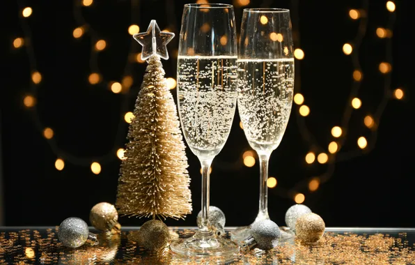 Decoration, gold, balls, tree, New Year, glasses, golden, new year