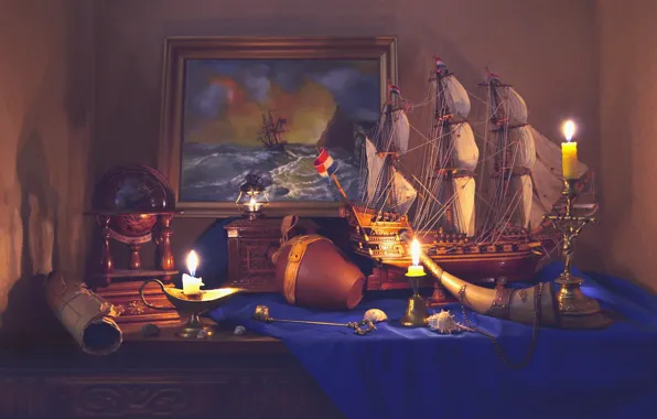 Picture picture, ship, globe, candles, Valentina Fencing, scroll, still life