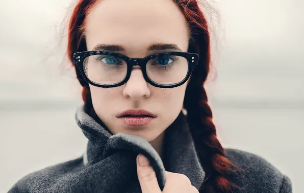 Picture girl, drops, glasses, winter, bokeh, braids
