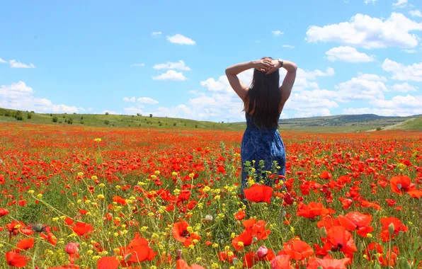 Summer, girl, clouds, flowers, nature, hills, back, Maki