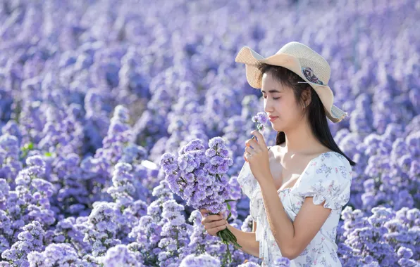 Summer, girl, flowers, pose, hat, hands, dress, walk