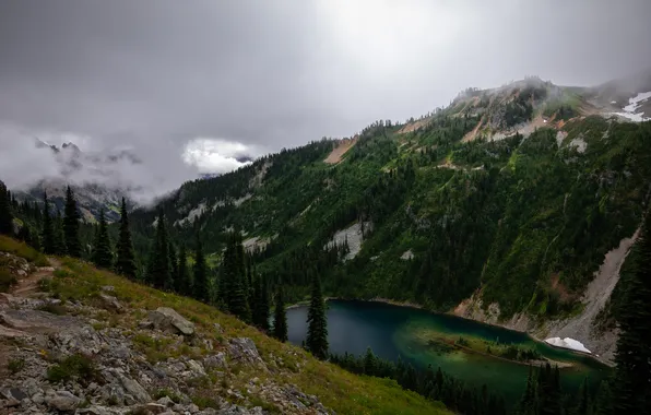Forest, the sky, light, mountains, lake, stones, overcast, the slopes