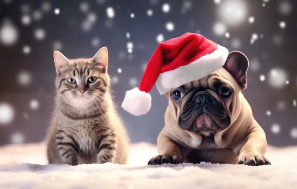 Winter, cat, look, snow, pose, kitty, grey, dog