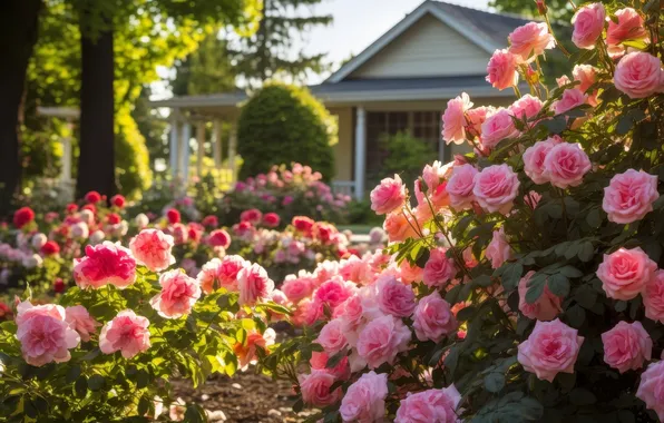 Summer, light, flowers, house, garden, pink, cottage, rose Bush