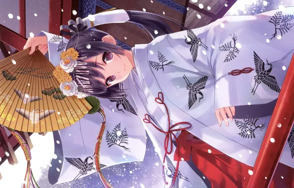 Picture smile, dance, fan, hairstyle, temple, kimono, priestess, bangs