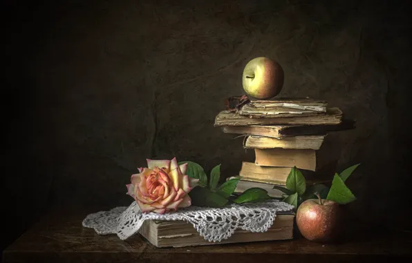 Flower, table, apples, rose, books, food, stack, still life