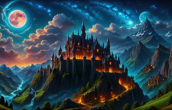 Clouds, mountains, castle, the full moon, mountains, clouds, castle, other worlds