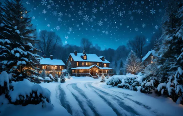 Winter, snow, night, house, Christmas, hut, New year, house