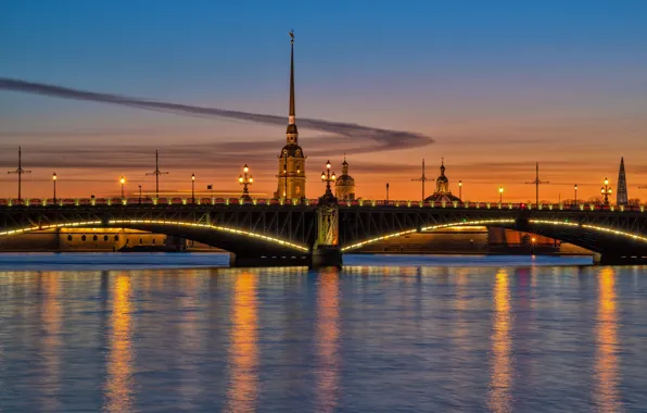 Saint Petersburg, Peter and Paul fortress, Neva, evening city, Trinity Bridge