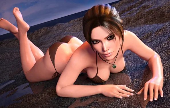 Sand, beach, swimsuit, ass, chest, girl, ass, lara croft