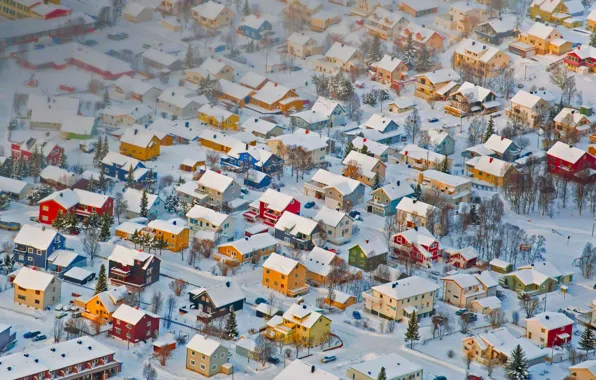 Winter, snow, paint, home, Norway, panorama, Troms