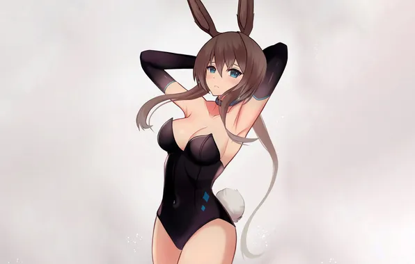 Girl, sexy, cleavage, green eyes, long hair, brown hair, boobs, animal ears