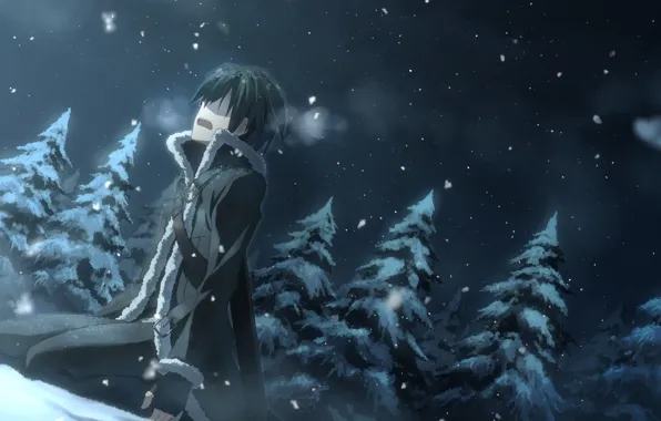 Picture winter, snow, night, nature, spruce, anime, art, guy