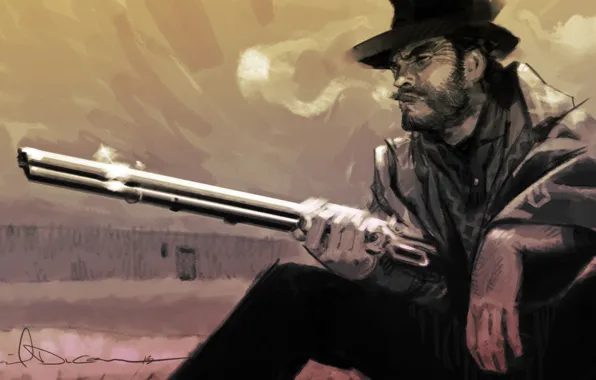 Figure, hat, art, cigar, pencil, painting, Winchester, western