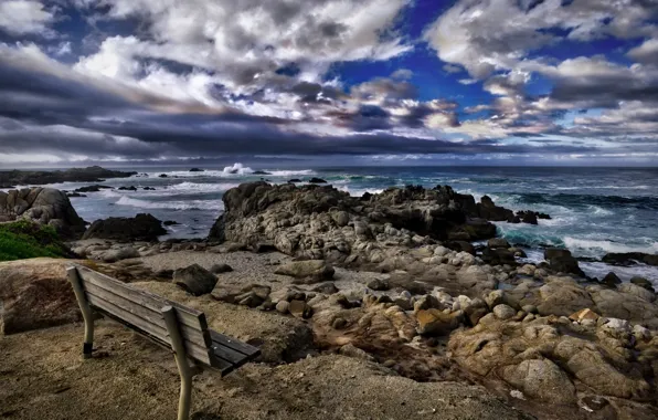 Sea, shore, bench, California, Asilomar Beach