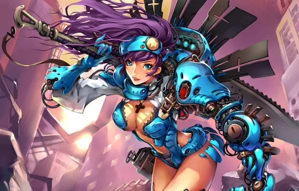 Girl, metal, weapons, robot, sword