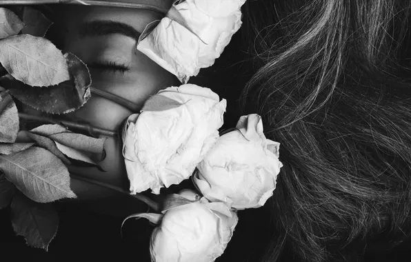 Girl, hair, roses, black and white