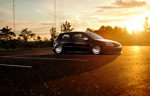 Car, sunset, tuning, Volkswagen, Parking, golf, stance, VW Golf
