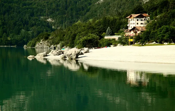 Forest, beach, mountains, lake, Italy, Molveno