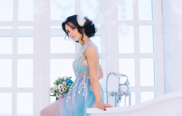 Picture girl, flowers, bouquet, makeup, dress, brunette, hairstyle, bath
