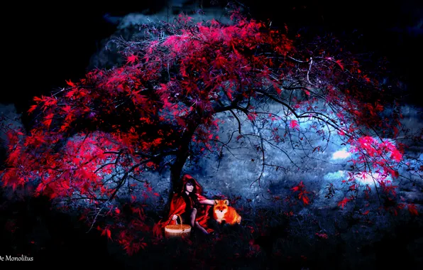 Tree, Girl, Fox, Fox, monolith, epic, epic, monolit