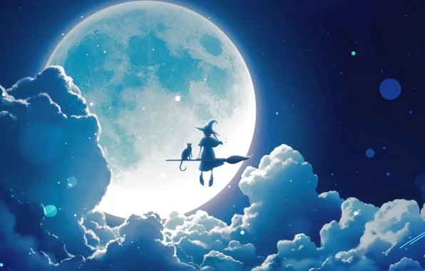 Cat, the sky, girl, night, the moon, fantasy, witch, broom