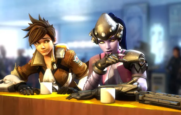 Picture girl, stay, meeting, the evening, bar, blizzard entertainment, Overwatch, tracer
