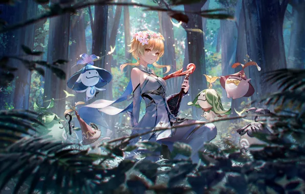 Forest, harp, Genshin Impact, a wreath of flowers, Light, aranars, Lumine, forest fairies