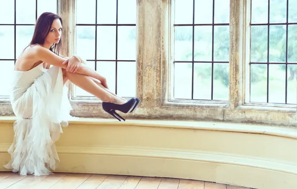 Girl, sad, dress, tatoo, window, brunette, shoes, kind