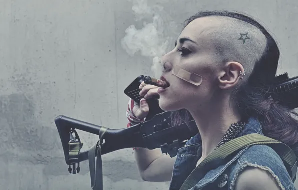 Girl, Star, Smoke, Hair, Cigaret, Gun Tattoo