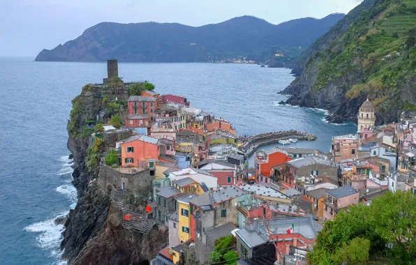 Sea, trees, mountains, rocks, coast, home, Italy, Vernazza