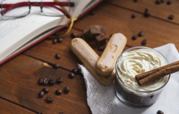 Glasses, book, cinnamon, Cappuccino, Cookies