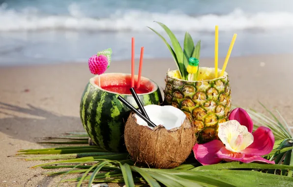 Sand, sea, beach, flower, summer, leaves, the sun, coconut