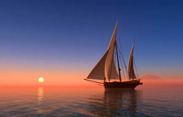 Picture sea, the sky, the sun, sunrise, coast, ship, sailboat, horizon