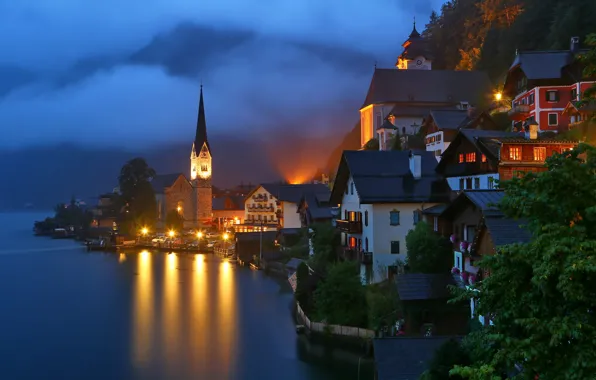 Night, fog, lake, tower, home, Austria, lighting, lights