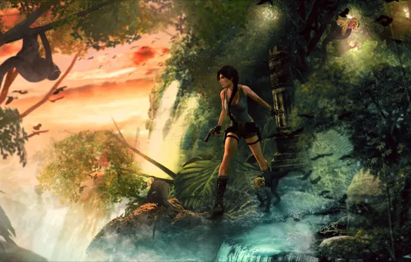 Forest, girl, monkey, lara croft, tomb raider, fan art