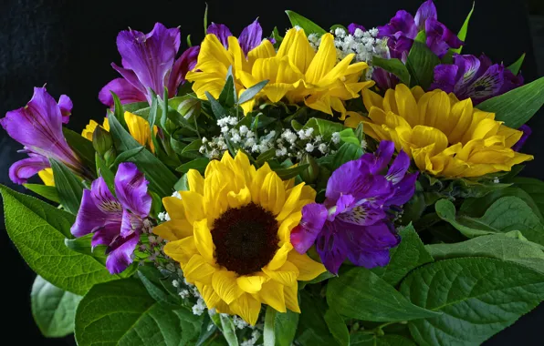 Picture sunflower, bouquet, Alstroemeria