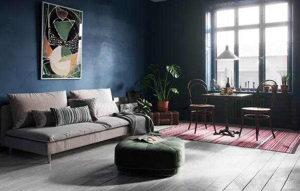 Design, room, interior, vintage, retro style, living room, blue color in the interior