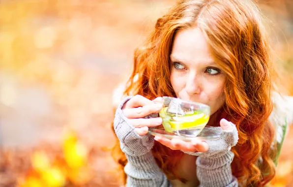 Girl, Cup, drink, redhead, bokeh