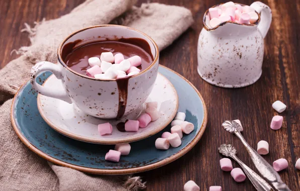 Hot, chocolate, Cup, saucer, vanilla, marshmallows, serving