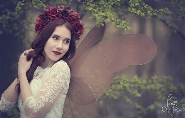 Girl, flowers, branches, mood, roses, moth, wings, wreath