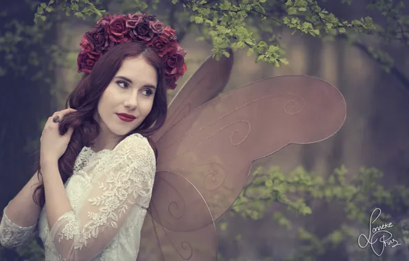 Girl, flowers, branches, mood, roses, wings, wreath, moth
