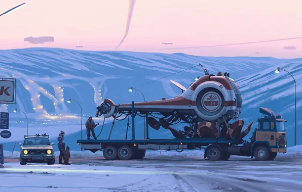 Picture car, fantasy, twilight, sunset, science fiction, winter, snow, spaceship