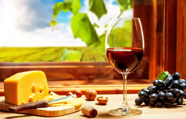 Picture wine, glass, cheese, grapes
