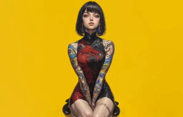 Picture Dragon, Anime, Tattoo, Anime Girl, Ai Art, Yellow Background