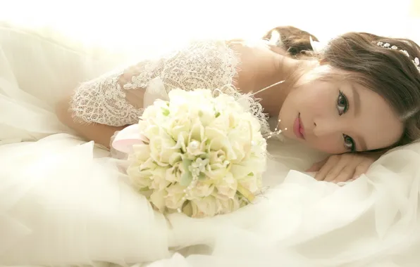 Picture look, flowers, bouquet, dress, Asian, the bride, wedding