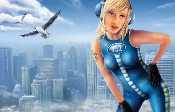 Girl, the sun, birds, the city, height, skyscrapers, headphones, tattoo