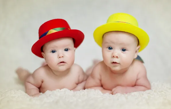 Children, red, yellow, hats
