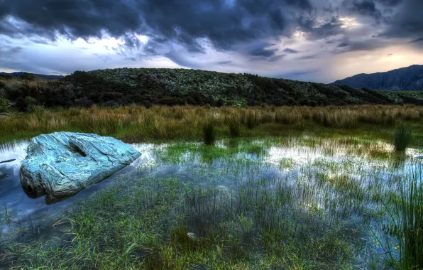 Picture the sky, grass, water, clouds, nature, hills, stone, swamp