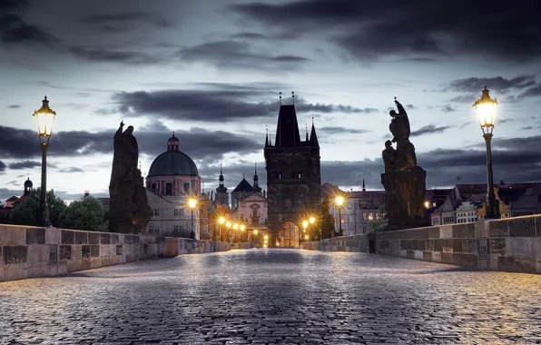 The sky, clouds, bridge, lights, home, the evening, Prague, Czech Republic